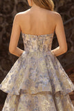 Stoffige blauwe Jacquard strapless A-lijn korset gelaagde galajurk met ruches