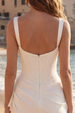 Tule ivoorkleurige korset vierkante hals met gerimpelde bodycon mini afstudeerjurk met ruches