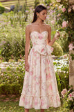 Roze witte bloem A-lijn bedrukte strapless midi jurk met bowknot