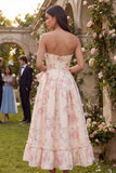 Roze witte bloem A-lijn bedrukte strapless midi jurk met bowknot