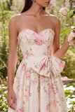 Roze witte bloem A-lijn bedrukte strapless midi jurk met bowknot
