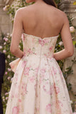 Roze witte bloem A-lijn bedrukte strapless midi jurk met bowknot