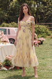 Gele bloem A-lijn off the shoulder midi-jurk met ruches