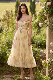 Gele bloem A-lijn off the shoulder midi-jurk met ruches