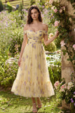 Gele bloem A-lijn off the shoulder midi-jurk met ruches