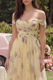 Gele bloem A-lijn off the shoulder midi-jurk met ruches