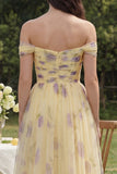 Gele bloem A-lijn off the shoulder midi-jurk met ruches