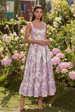 Paarse Jacquard Flower Corset A-lijn midijurk