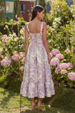 Paarse Jacquard Flower Corset A-lijn midijurk