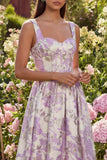 Paarse Jacquard Flower Corset A-lijn midijurk
