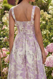Paarse Jacquard Flower Corset A-lijn midijurk