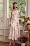 Roze witte bloem A-lijn midi-jurk met off-shoulder