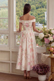 Roze witte bloem A-lijn midi-jurk met off-shoulder
