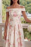 Roze witte bloem A-lijn midi-jurk met off-shoulder