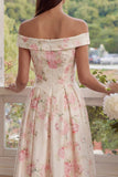 Roze witte bloem A-lijn midi-jurk met off-shoulder