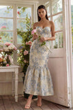 Stoffige blauwe Jacquard Zeemeermin Sweetheart Midi-jurk