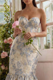 Stoffige blauwe Jacquard Zeemeermin Sweetheart Midi-jurk