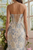 Stoffige blauwe Jacquard Zeemeermin Sweetheart Midi-jurk