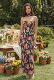 Zwarte roze bloemenschede strapless satijnen midijurk