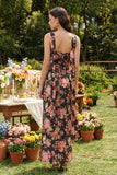 Zwarte roze bloemenschede strapless satijnen midijurk