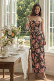 Zwarte roze bloemenschede strapless satijnen midijurk