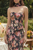 Zwarte roze bloemenschede strapless satijnen midijurk