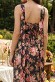 Zwarte roze bloemenschede strapless satijnen midijurk