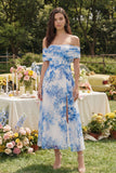 Witblauwe bloem A-lijn tule off-the-shoulder korset midijurk met split