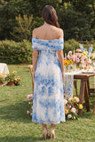 Witblauwe bloem A-lijn tule off-the-shoulder korset midijurk met split