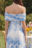 Witblauwe bloem A-lijn tule off-the-shoulder korset midijurk met split