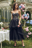 Zwarte strapless A-Line Organza Midi-jurk met appliquatie