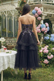 Zwarte strapless A-Line Organza Midi-jurk met appliquatie