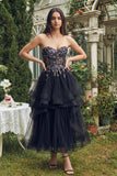 Zwarte strapless A-Line Organza Midi-jurk met appliquatie