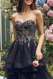 Zwarte strapless A-Line Organza Midi-jurk met appliquatie