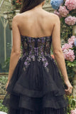 Zwarte strapless A-Line Organza Midi-jurk met appliquatie