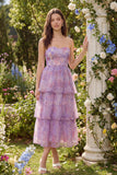 Paarse strapless A-lijn tule gelaagde midijurk