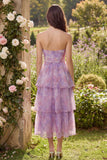 Paarse strapless A-lijn tule gelaagde midijurk
