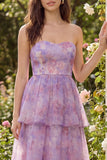 Paarse strapless A-lijn tule gelaagde midijurk
