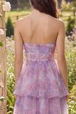 Paarse strapless A-lijn tule gelaagde midijurk