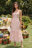 Roze geappliqueerde strapless zeemeermin korset midi jurk