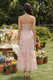 Roze geappliqueerde strapless zeemeermin korset midi jurk