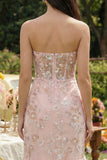 Roze geappliqueerde strapless zeemeermin korset midi jurk