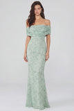 Stoffige salieprint off the shoulder schede chiffon midi-jurk
