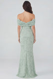 Stoffige salieprint off the shoulder schede chiffon midi-jurk