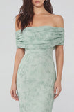 Stoffige salieprint off the shoulder schede chiffon midi-jurk