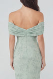 Stoffige salieprint off the shoulder schede chiffon midi-jurk
