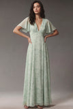 Dusty Sage V-hals Chiffon A-lijn midi-jurk met korte mouwen