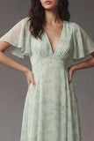 Dusty Sage V-hals Chiffon A-lijn midi-jurk met korte mouwen