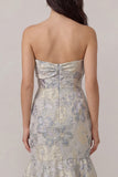 Stoffige blauwe Jacquard Satijn Zeemeermin Trouwjurk met Bowknot