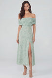 Stoffige salieprint chiffon A-lijn off-shoulder midi-jurk met split